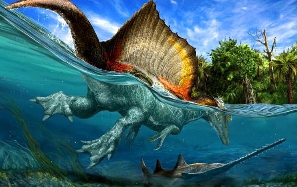 Спинозавр під час полювання у воді