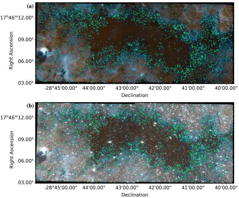 Знімок туманності Цегла, отриманий NIRCam, і виявлені зірки з вирахуванням фонових зірок (а) і без вирахування (b)