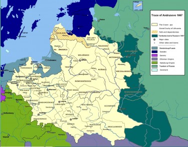 Розподіл українських земель відповідно до Андрусівського договору 1667 р.